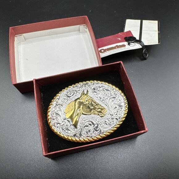 Crumrine Quarter Horse Gold Tone & Silver Plate USA Belt Buckle New w/ Box - Picture 12 of 12